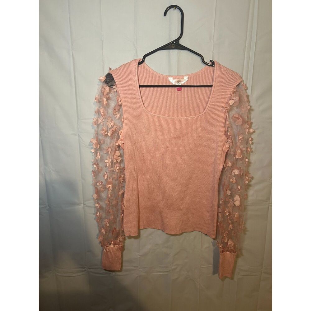 No Boundaries Pink Coquette 3D Floral Mesh Sleeve Ribbed Top Size L - Picture 1 of 5